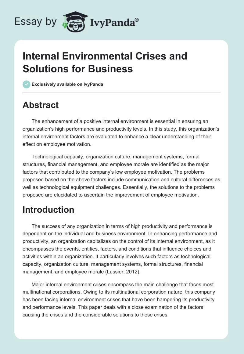 Internal Environmental Crises and Solutions for Business. Page 1