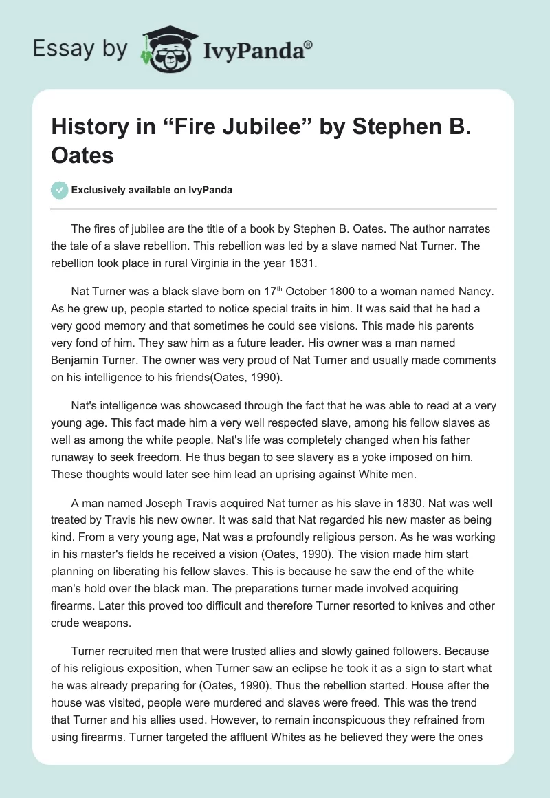 History in “Fire Jubilee” by Stephen B. Oates. Page 1