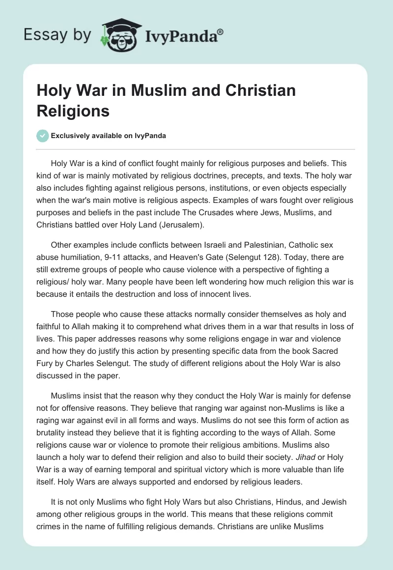 Holy War in Muslim and Christian Religions. Page 1
