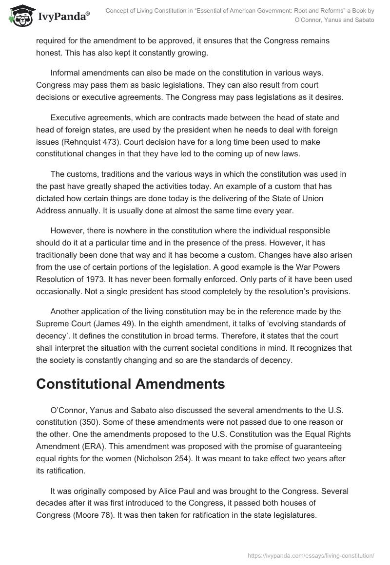 Concept of Living Constitution in “Essential of American Government: Root and Reforms” a Book by O’Connor, Yanus and Sabato. Page 2