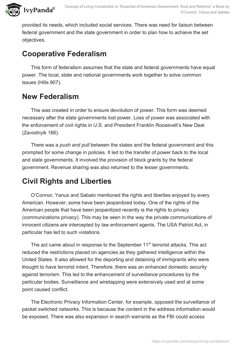 Concept of Living Constitution in “Essential of American Government: Root and Reforms” a Book by O’Connor, Yanus and Sabato. Page 5