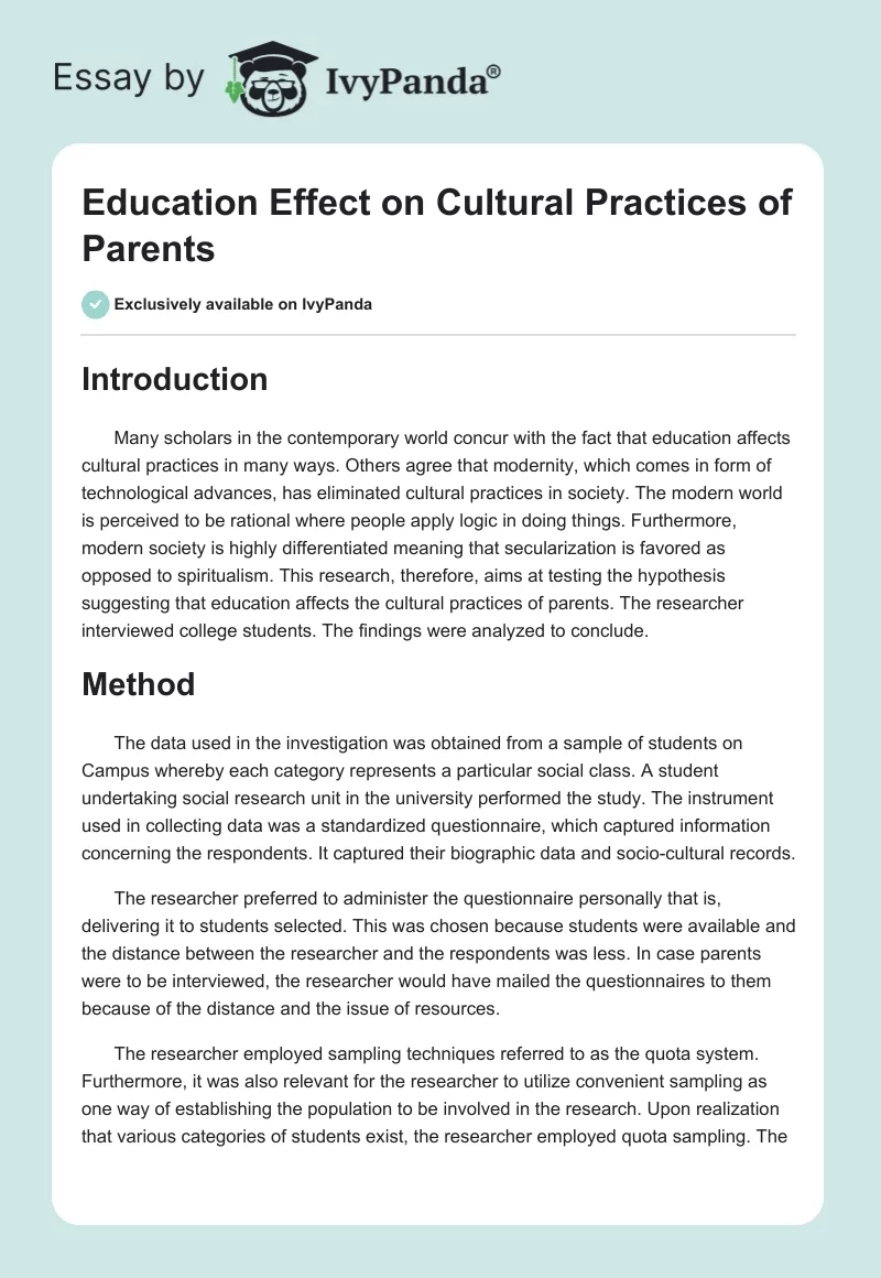 Education Effect on Cultural Practices of Parents. Page 1