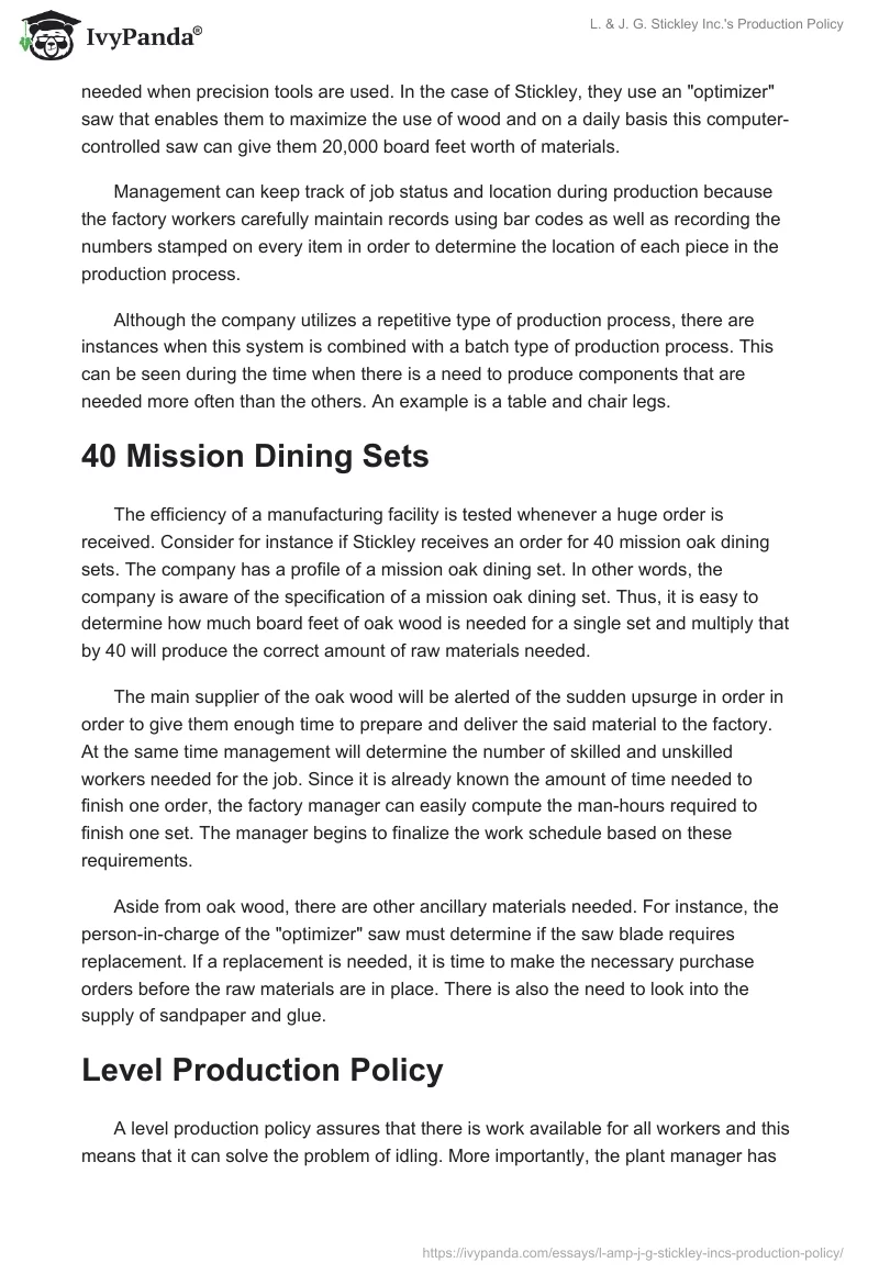 L. & J. G. Stickley Inc.'s Production Policy. Page 2