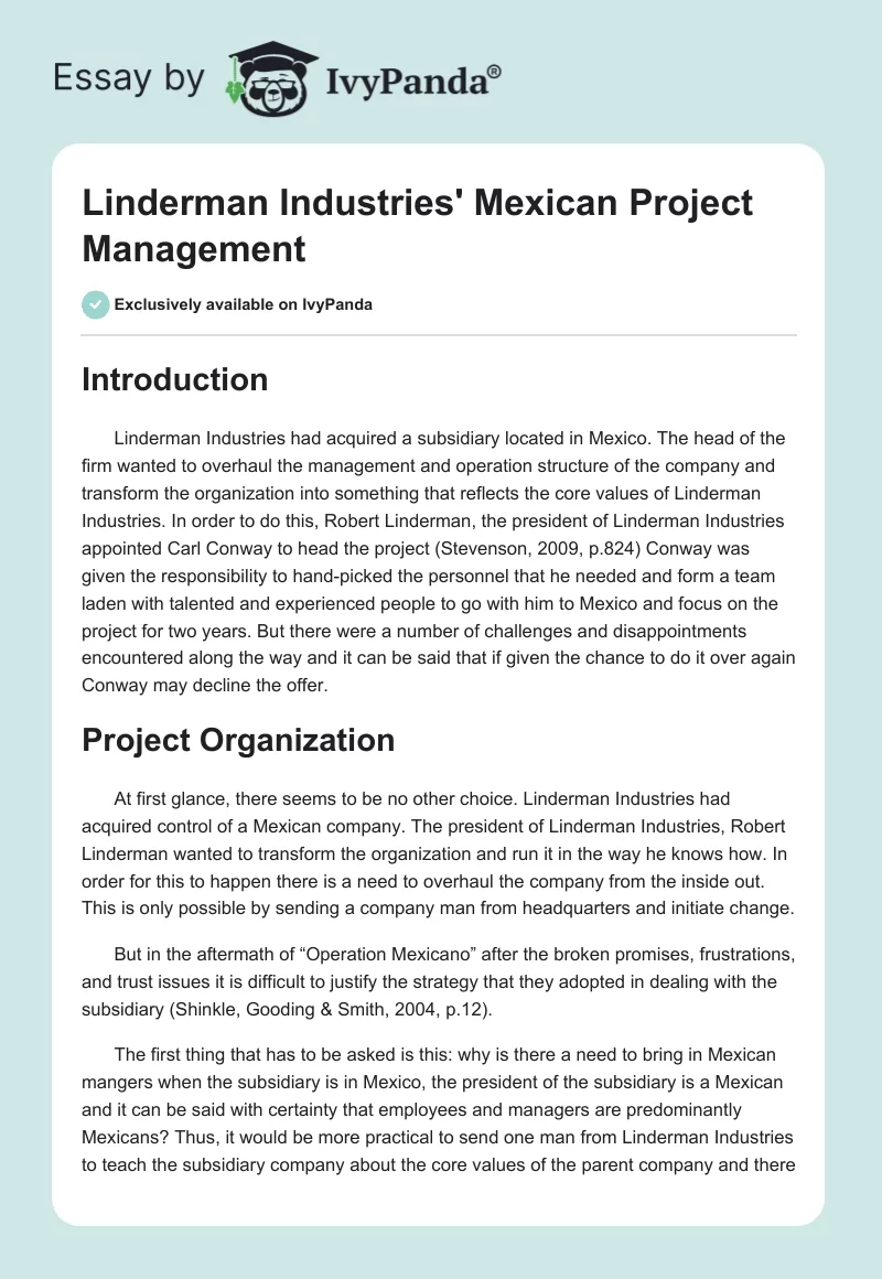 Linderman Industries' Mexican Project Management. Page 1