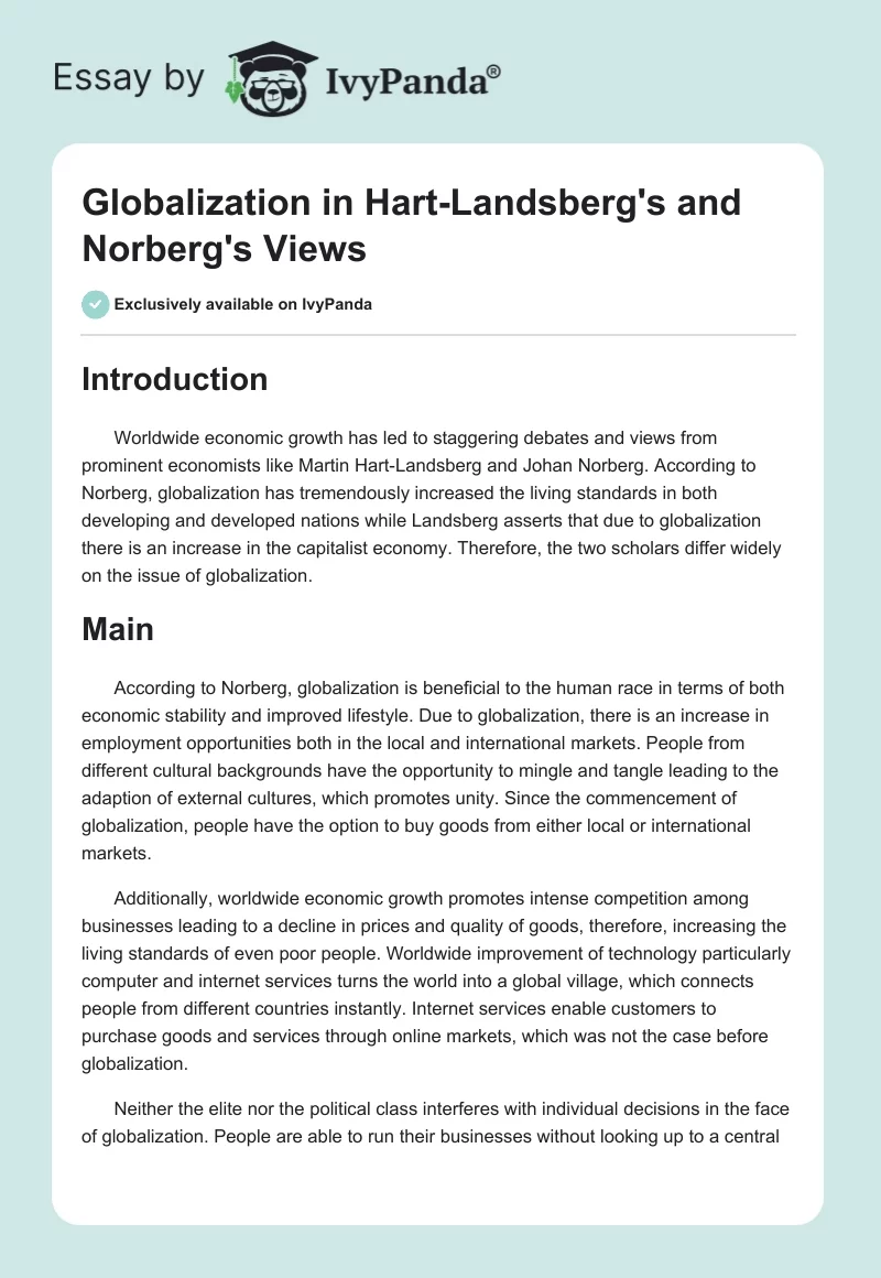 Globalization in Hart-Landsberg's and Norberg's Views. Page 1