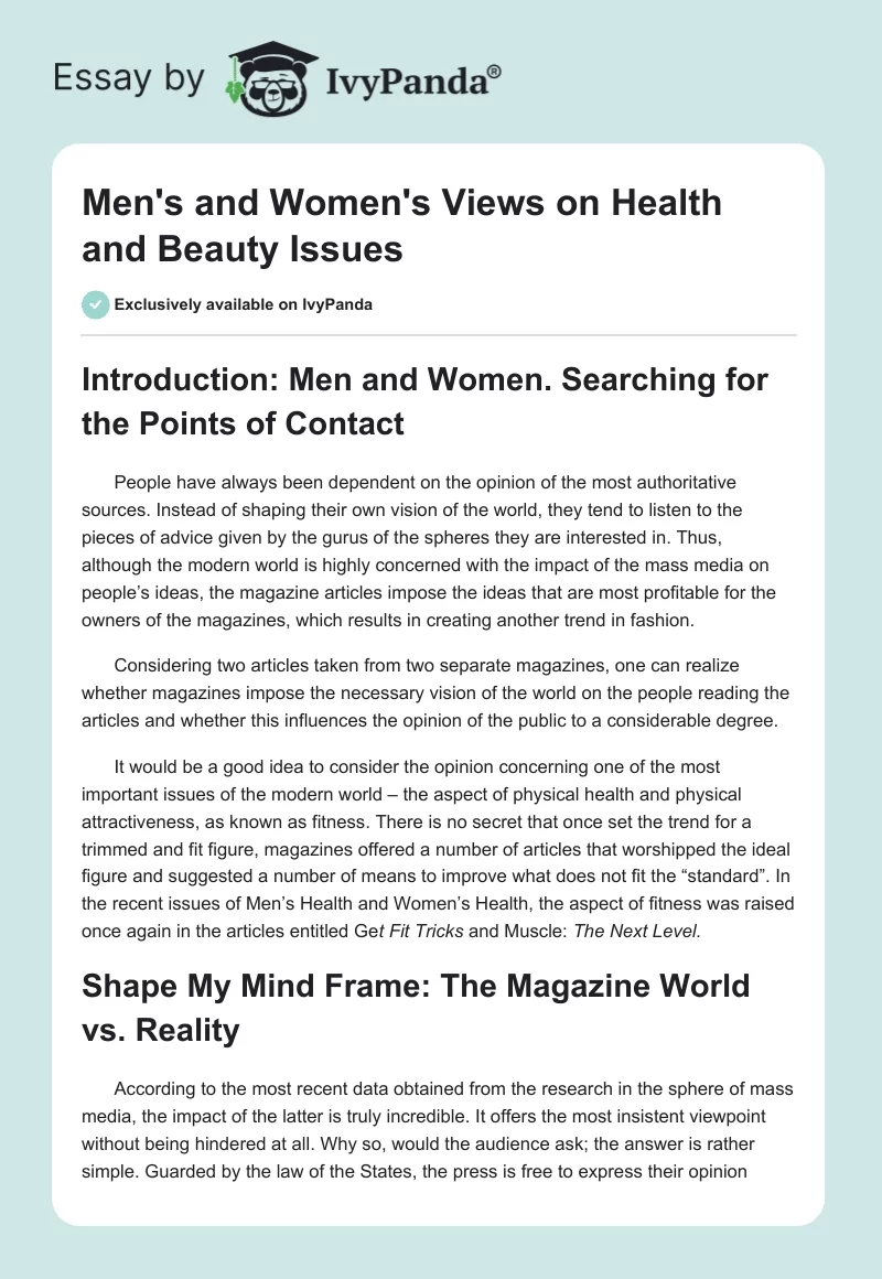 Men's and Women's Views on Health and Beauty Issues. Page 1