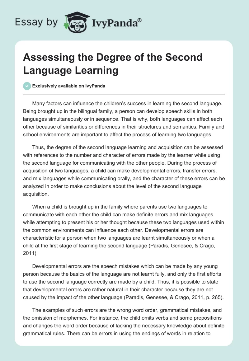 Assessing the Degree of the Second Language Learning. Page 1