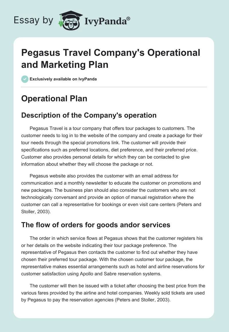 Pegasus Travel Company's Operational and Marketing Plan. Page 1