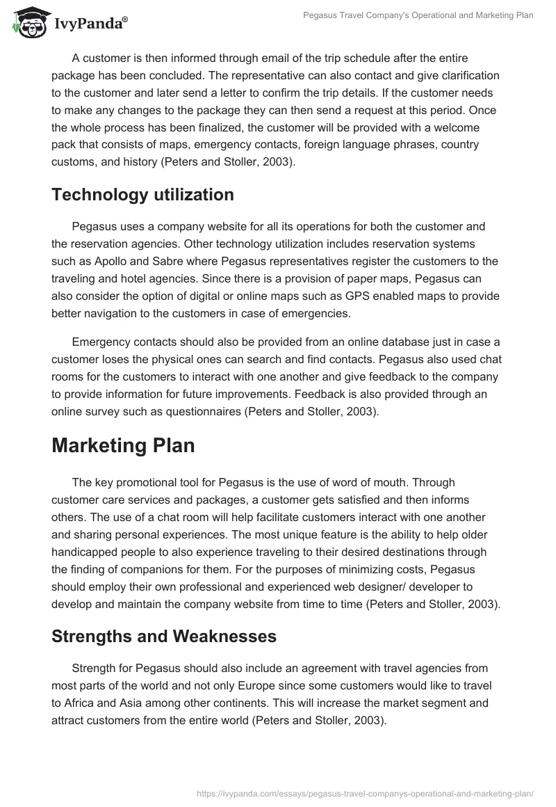 Pegasus Travel Company's Operational and Marketing Plan. Page 2