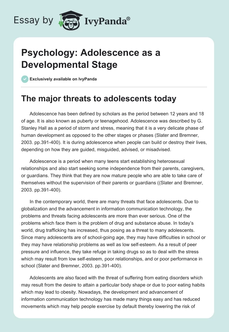 Psychology: Adolescence as a Developmental Stage. Page 1
