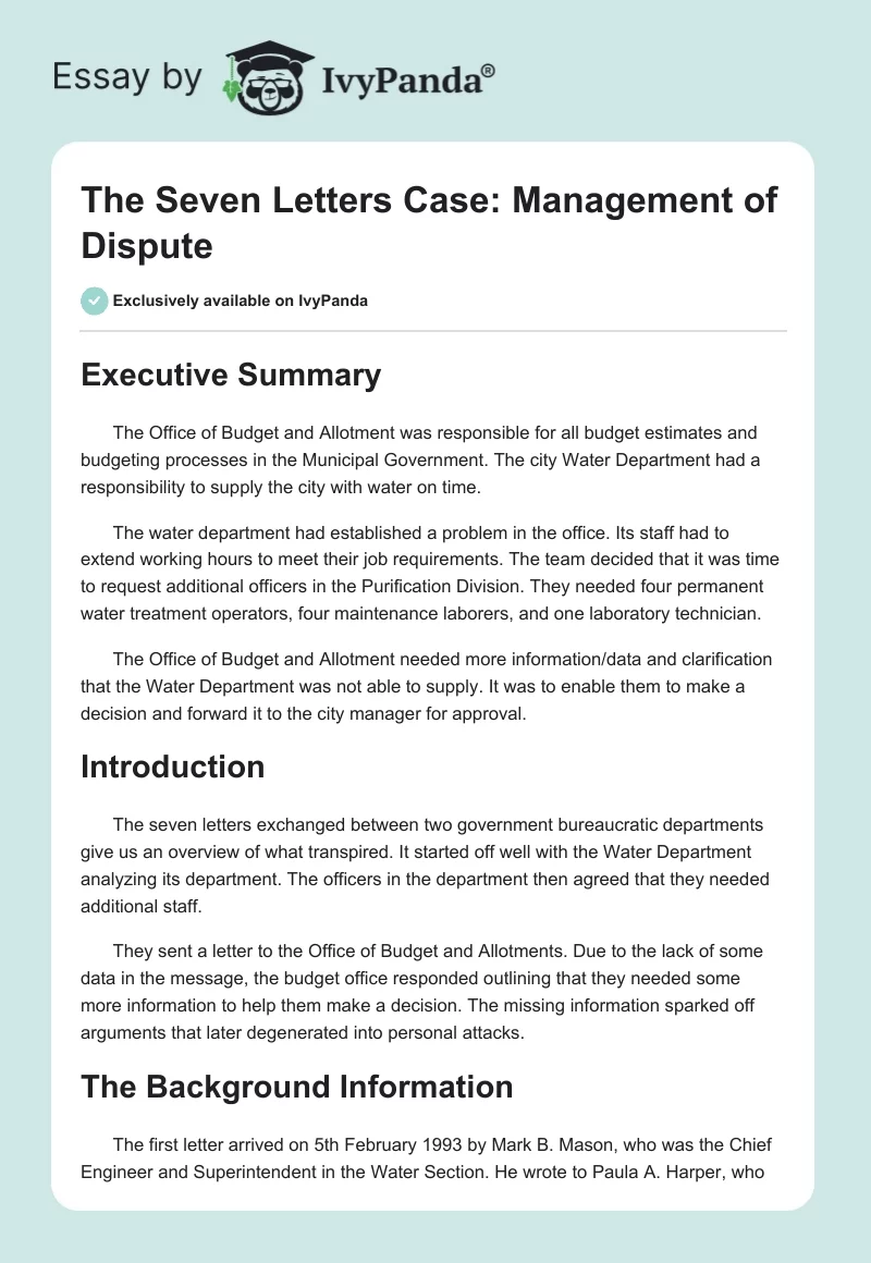 The Seven Letters Case: Management of Dispute. Page 1