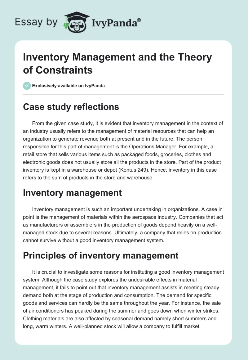 Inventory Management and the Theory of Constraints. Page 1
