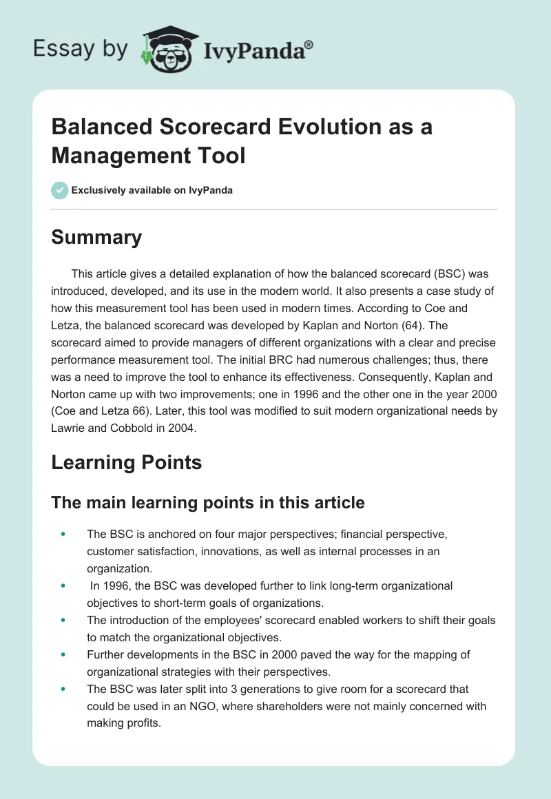 Balanced Scorecard Evolution as a Management Tool. Page 1