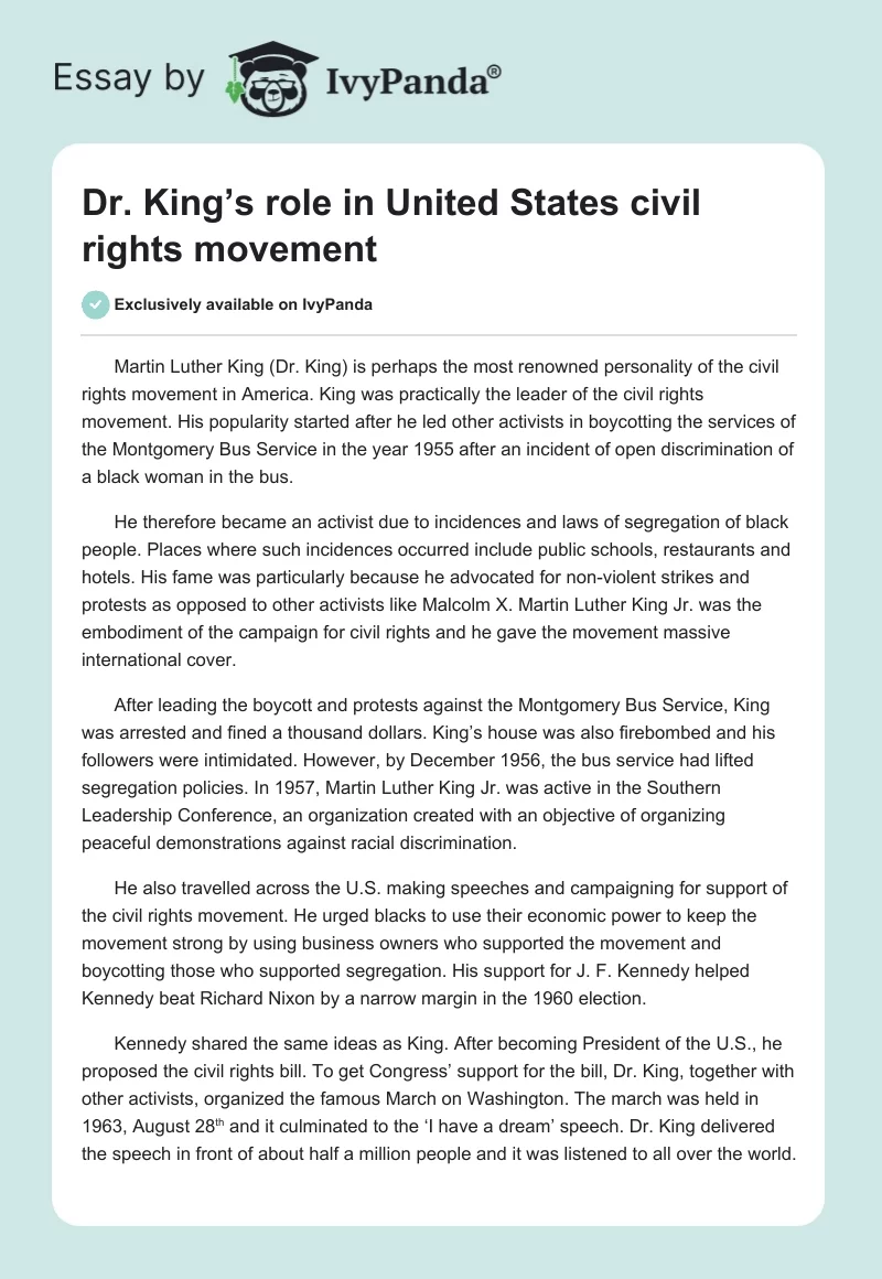 Dr. King’s Role in United States Civil Rights Movement. Page 1