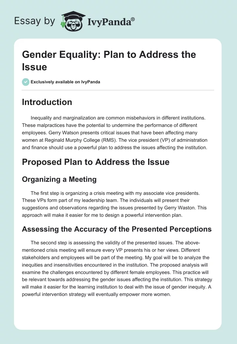 Gender Equality: Plan to Address the Issue. Page 1