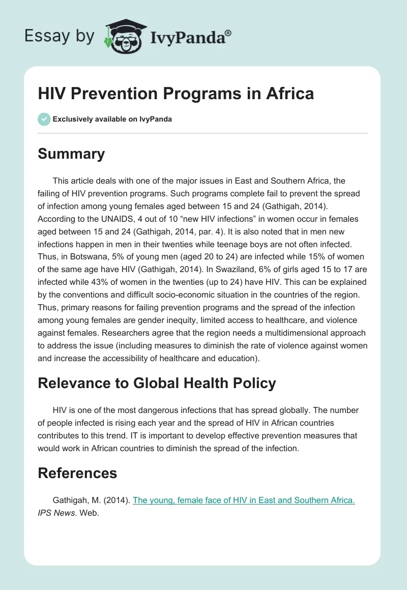 HIV Prevention Programs in Africa. Page 1