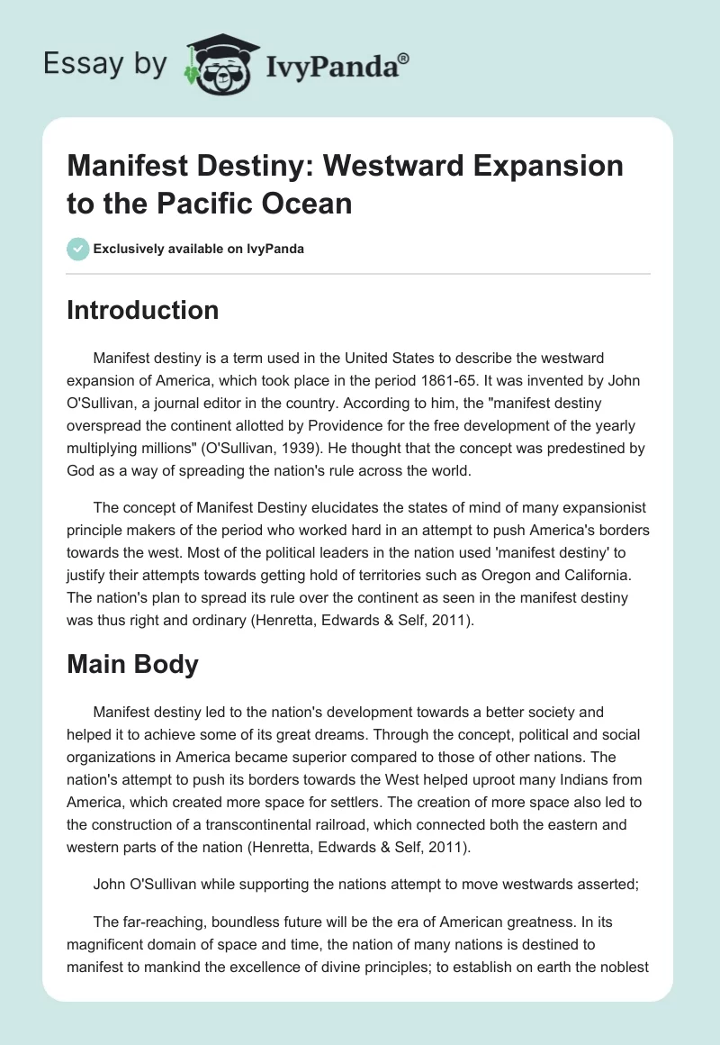 "Manifest Destiny": Westward Expansion to the Pacific Ocean. Page 1