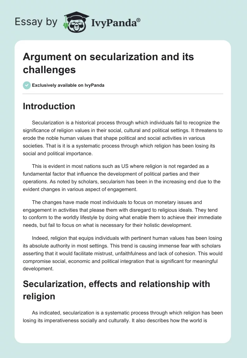 Argument on Secularization and Its Challenges. Page 1