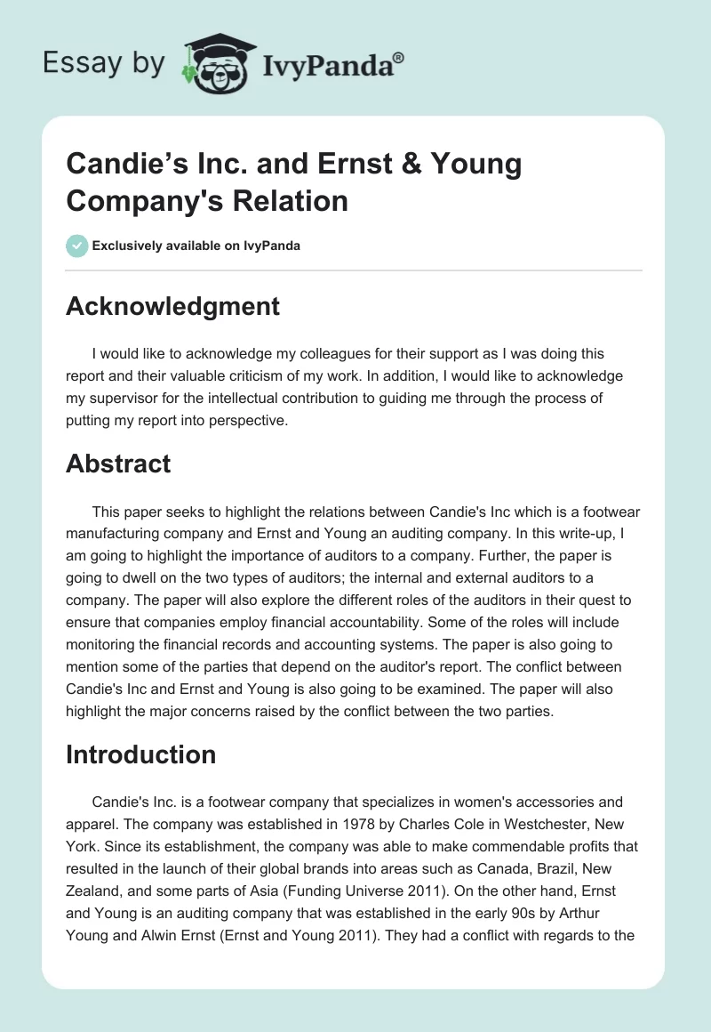 Candie’s Inc. and Ernst & Young Company's Relation. Page 1