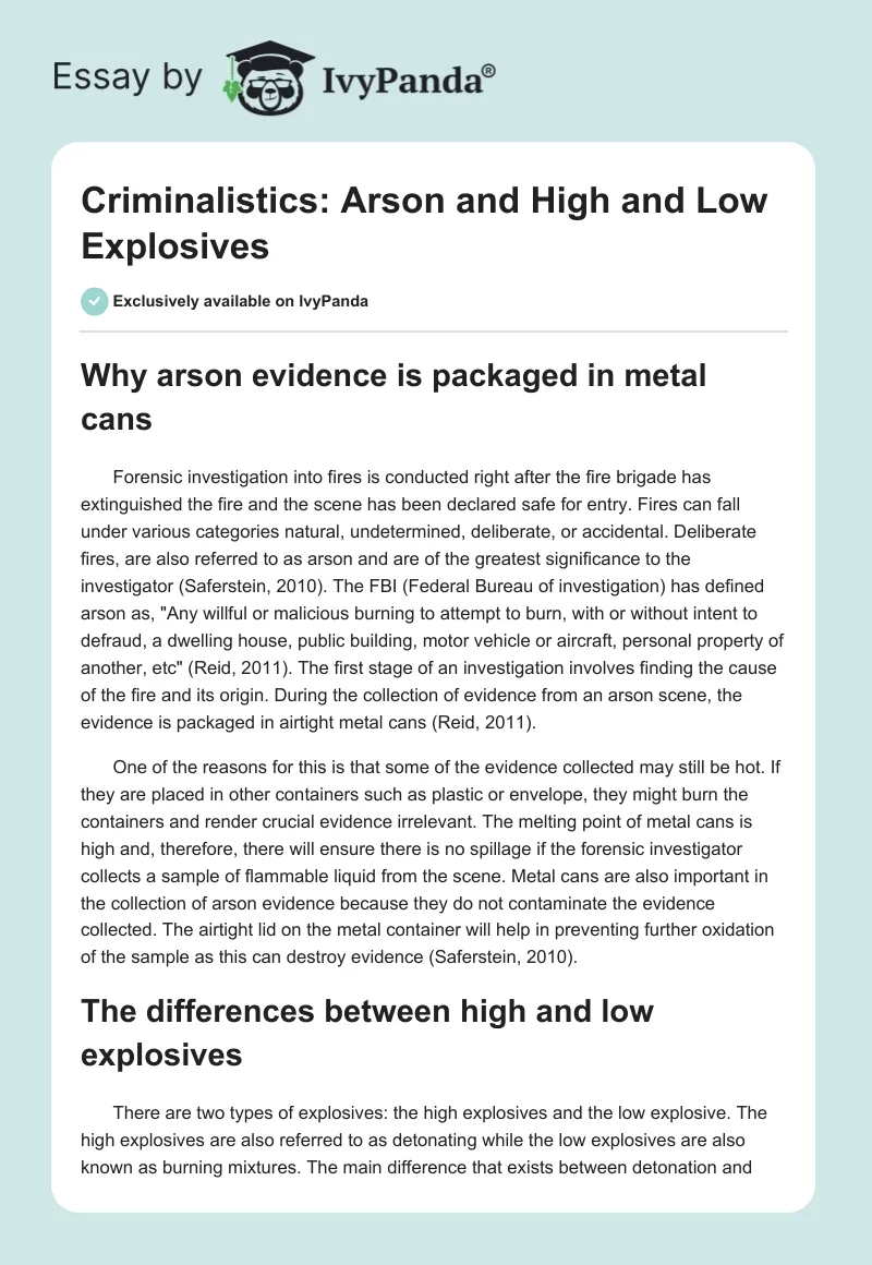 Criminalistics: Arson and High and Low Explosives. Page 1