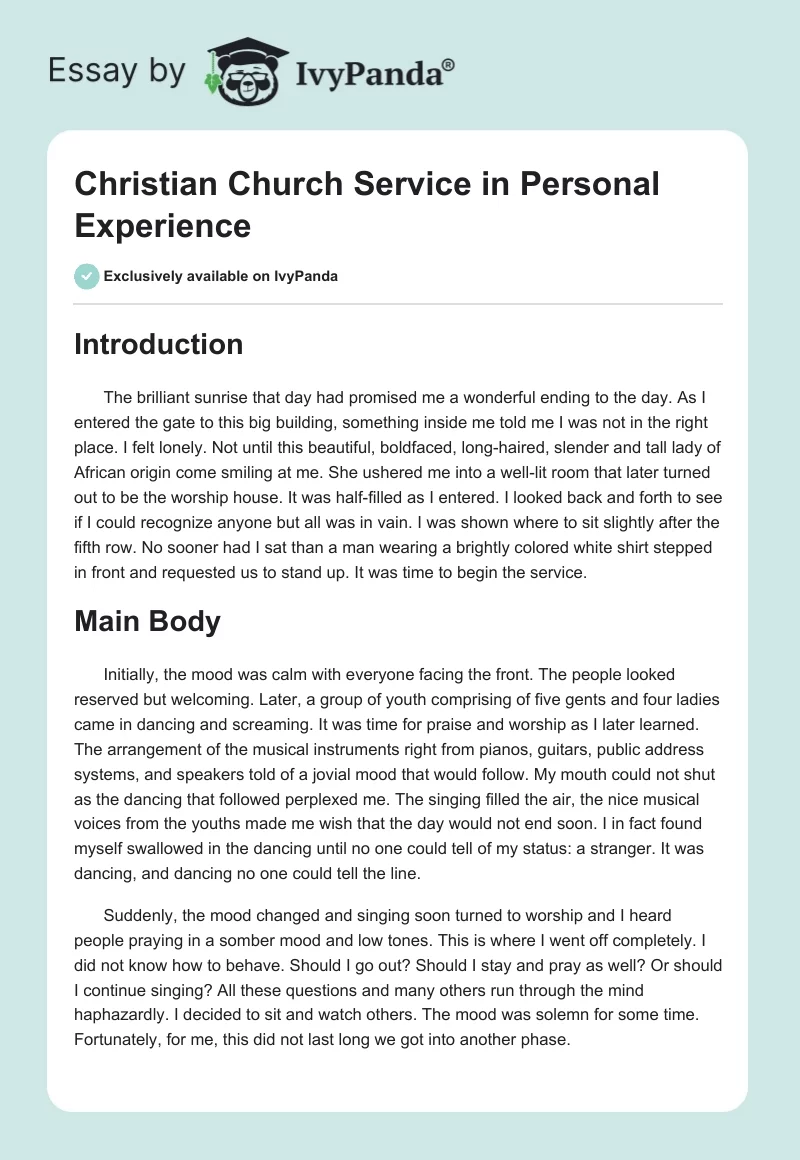 Christian Church Service in Personal Experience. Page 1