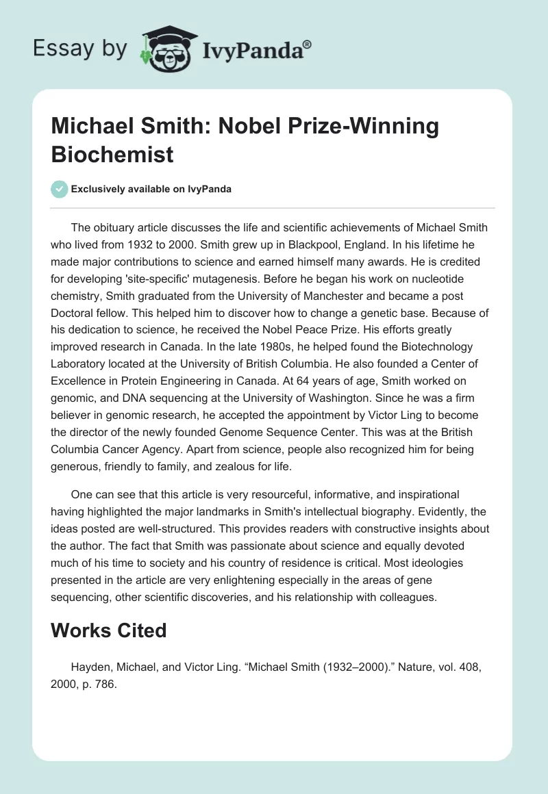 Michael Smith: Nobel Prize-Winning Biochemist. Page 1