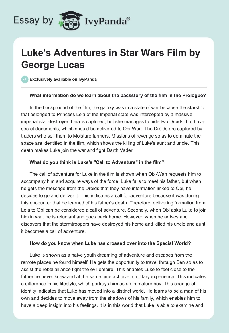 Luke's Adventures in "Star Wars" Film by George Lucas. Page 1