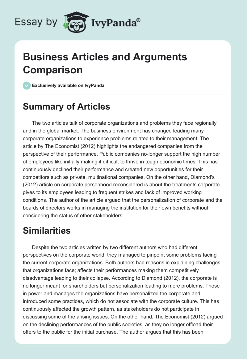 Business Articles and Arguments Comparison. Page 1