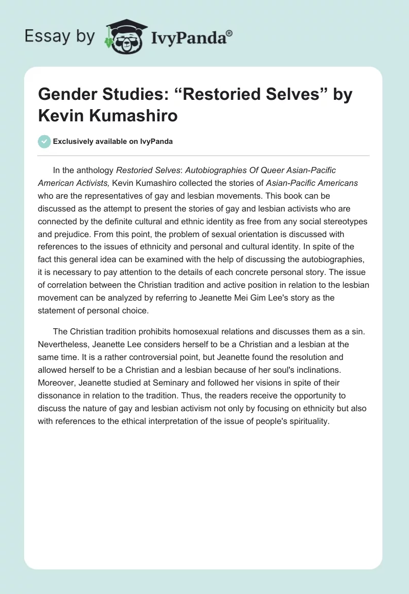 Gender Studies: “Restoried Selves” by Kevin Kumashiro. Page 1