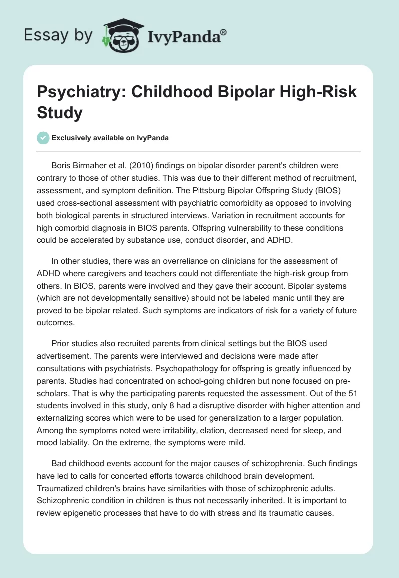 Psychiatry: Childhood Bipolar High-Risk Study. Page 1