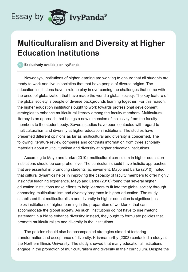 Multiculturalism and Diversity in Higher Education Institutions. Page 1
