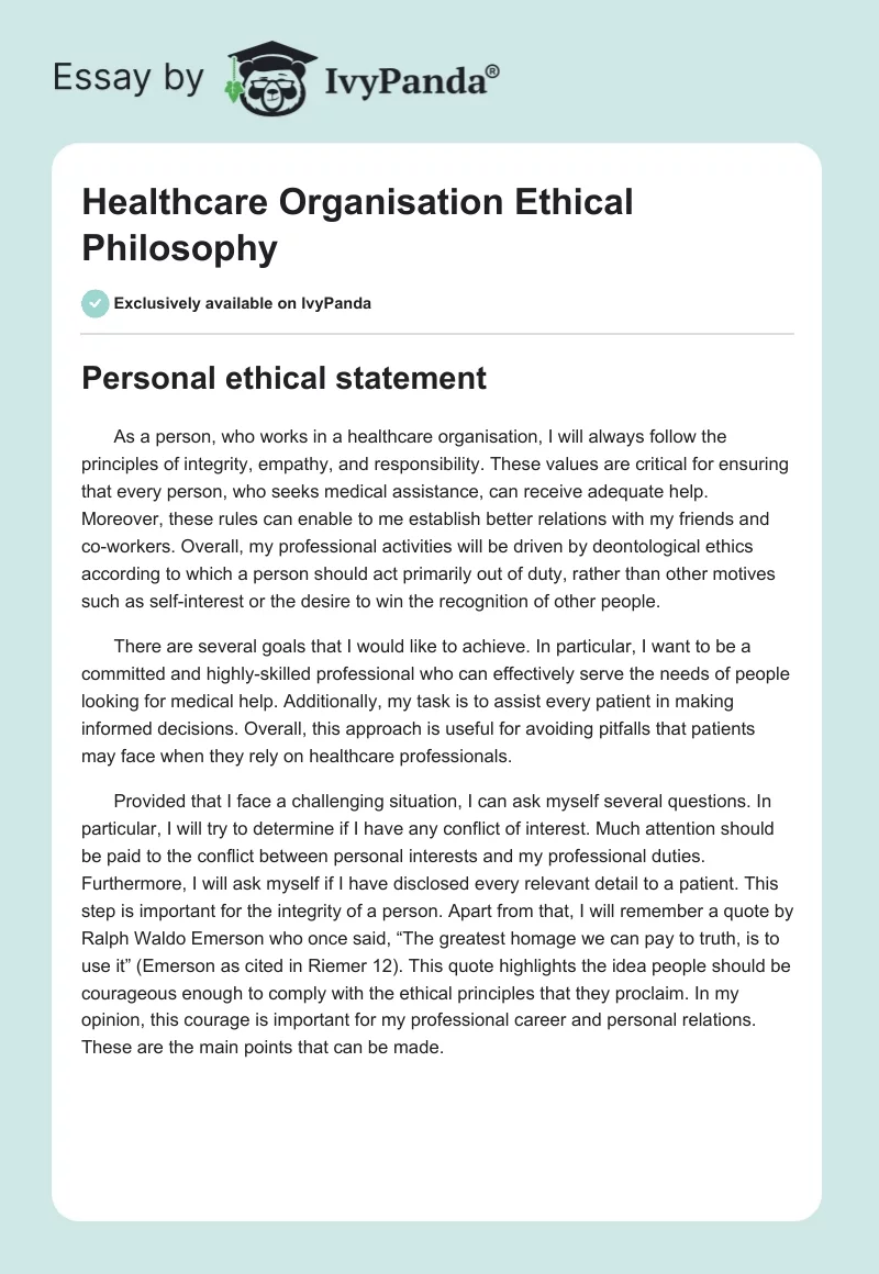 Healthcare Organisation Ethical Philosophy. Page 1