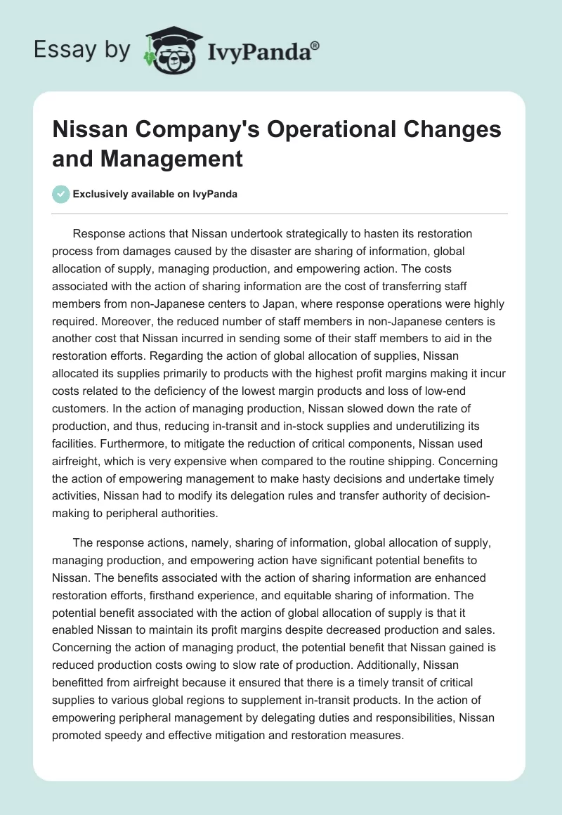 Nissan Company's Operational Changes and Management. Page 1