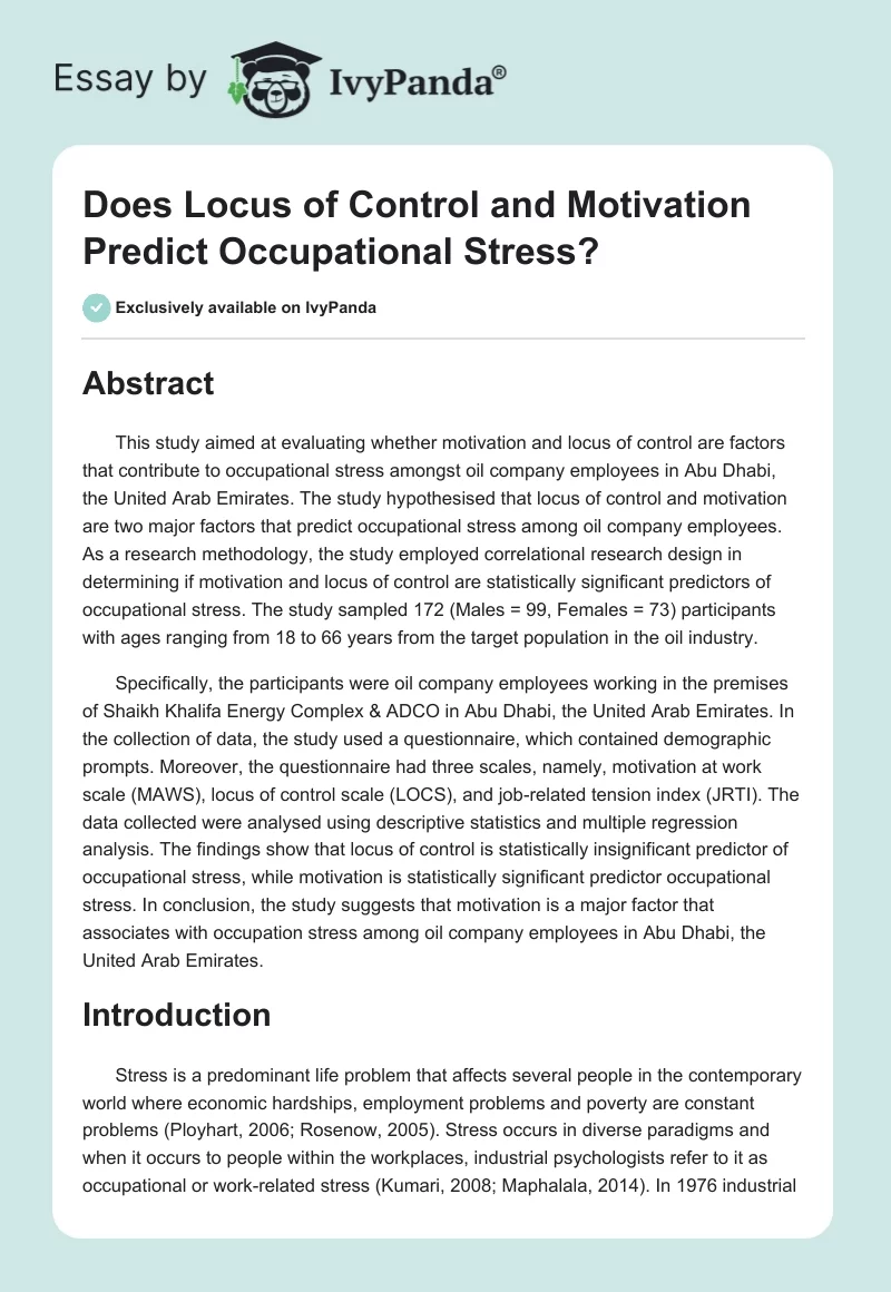 Does Locus of Control and Motivation Predict Occupational Stress?. Page 1