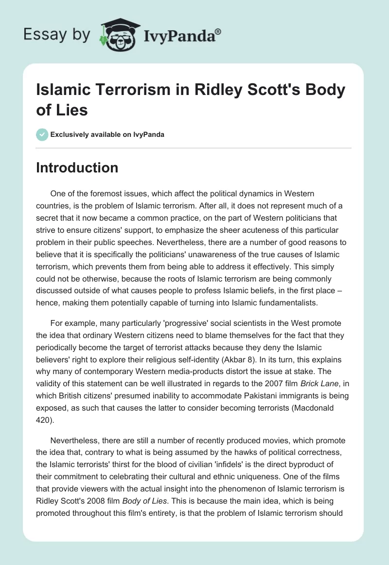 Islamic Terrorism in Ridley Scott's "Body of Lies". Page 1