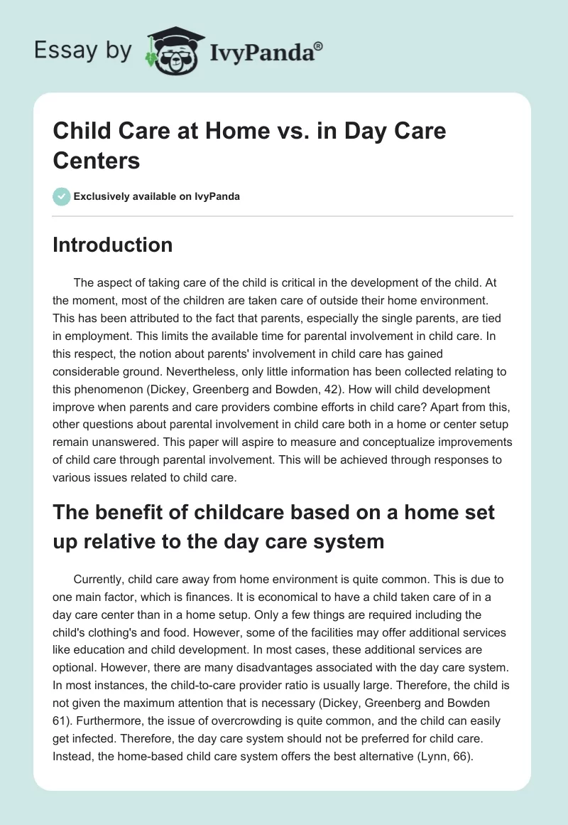 Child Care at Home vs. in Day Care Centers. Page 1