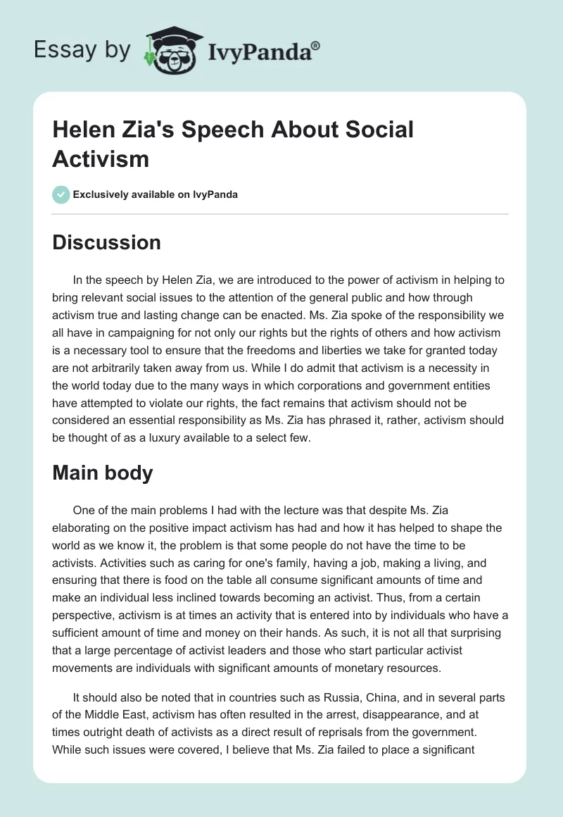 Helen Zia's Speech About Social Activism. Page 1