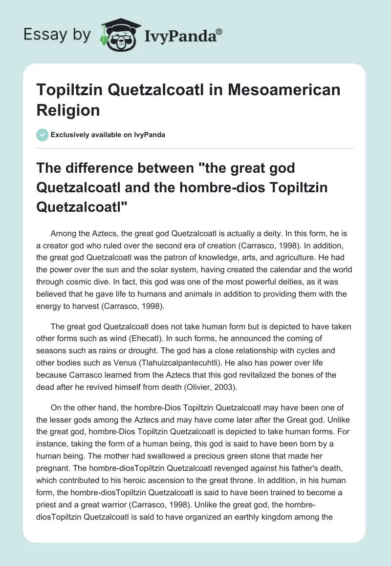 Topiltzin Quetzalcoatl in Mesoamerican Religion. Page 1