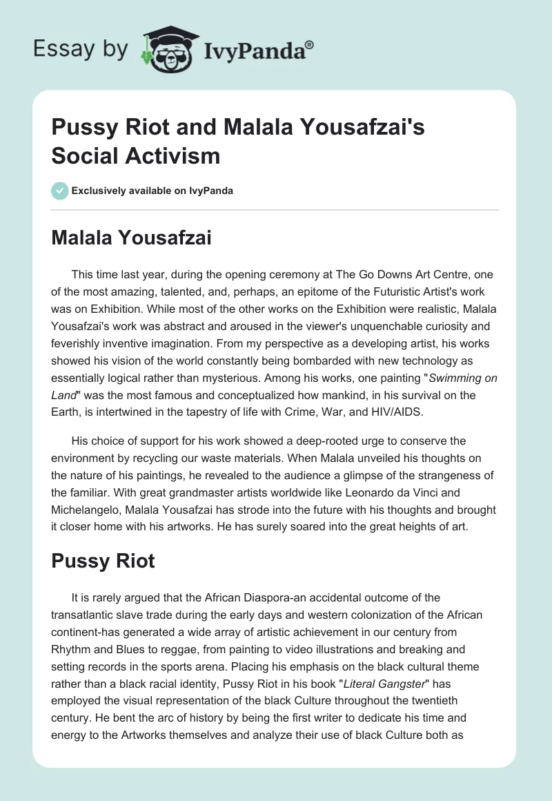 Pussy Riot and Malala Yousafzai's Social Activism. Page 1