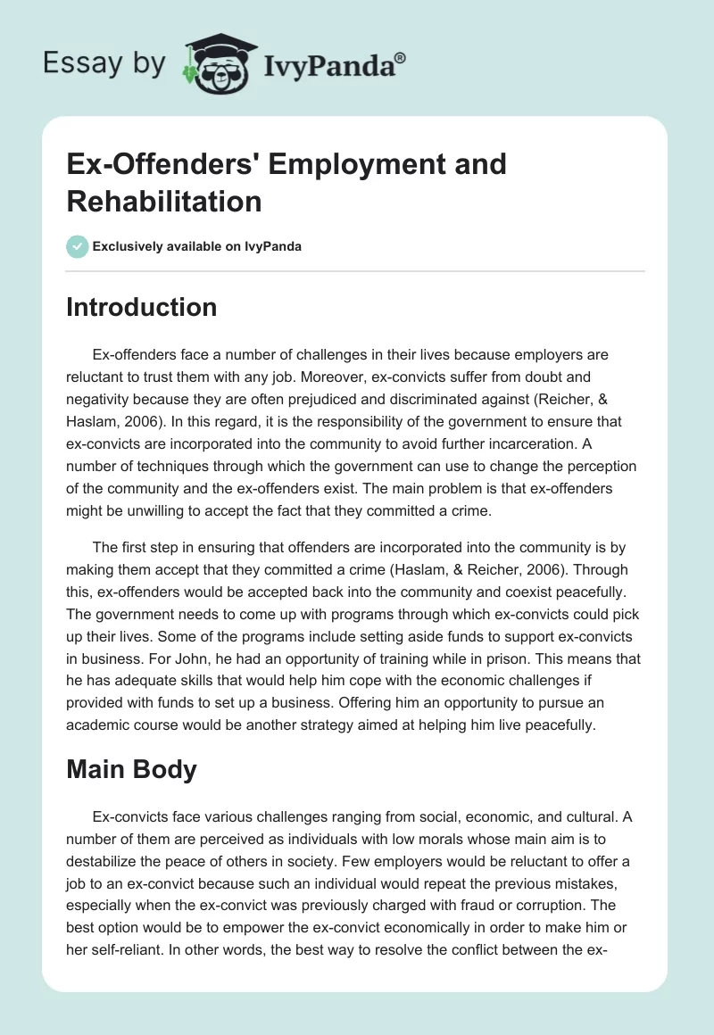 Ex-Offenders' Employment and Rehabilitation. Page 1