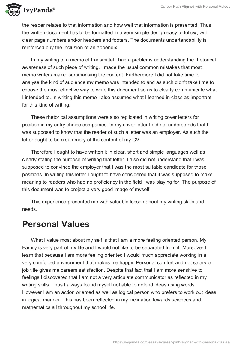 Career Path Aligned With Personal Values. Page 2