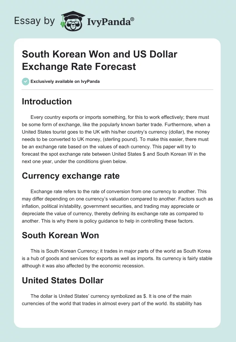 South Korean Won and US Dollar Exchange Rate Forecast. Page 1