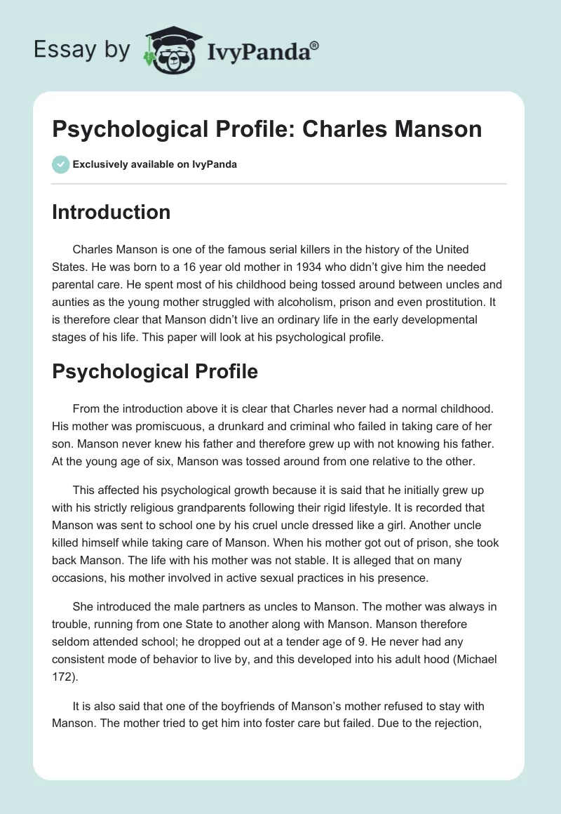 Psychological Profile: Charles Manson. Page 1