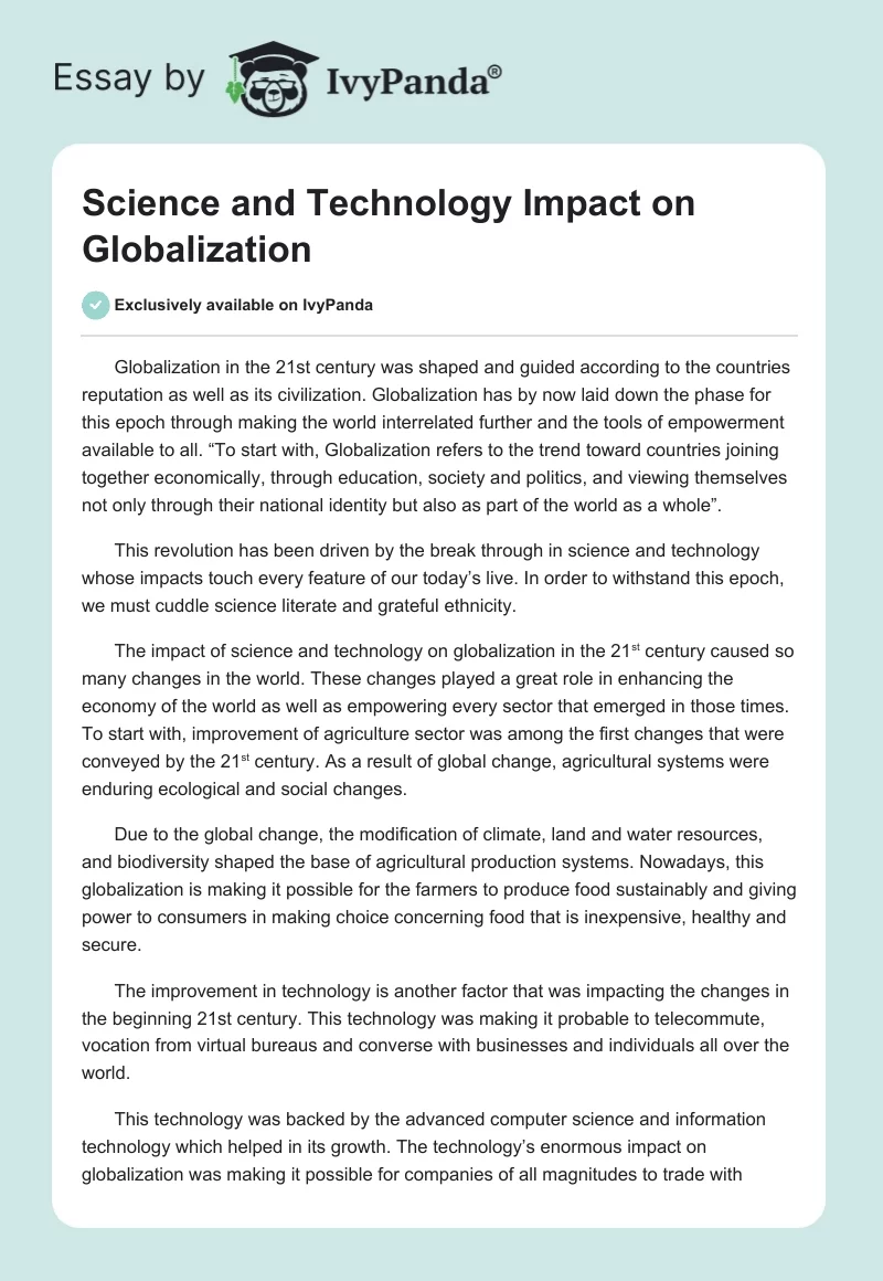 Science and Technology Impact on Globalization. Page 1