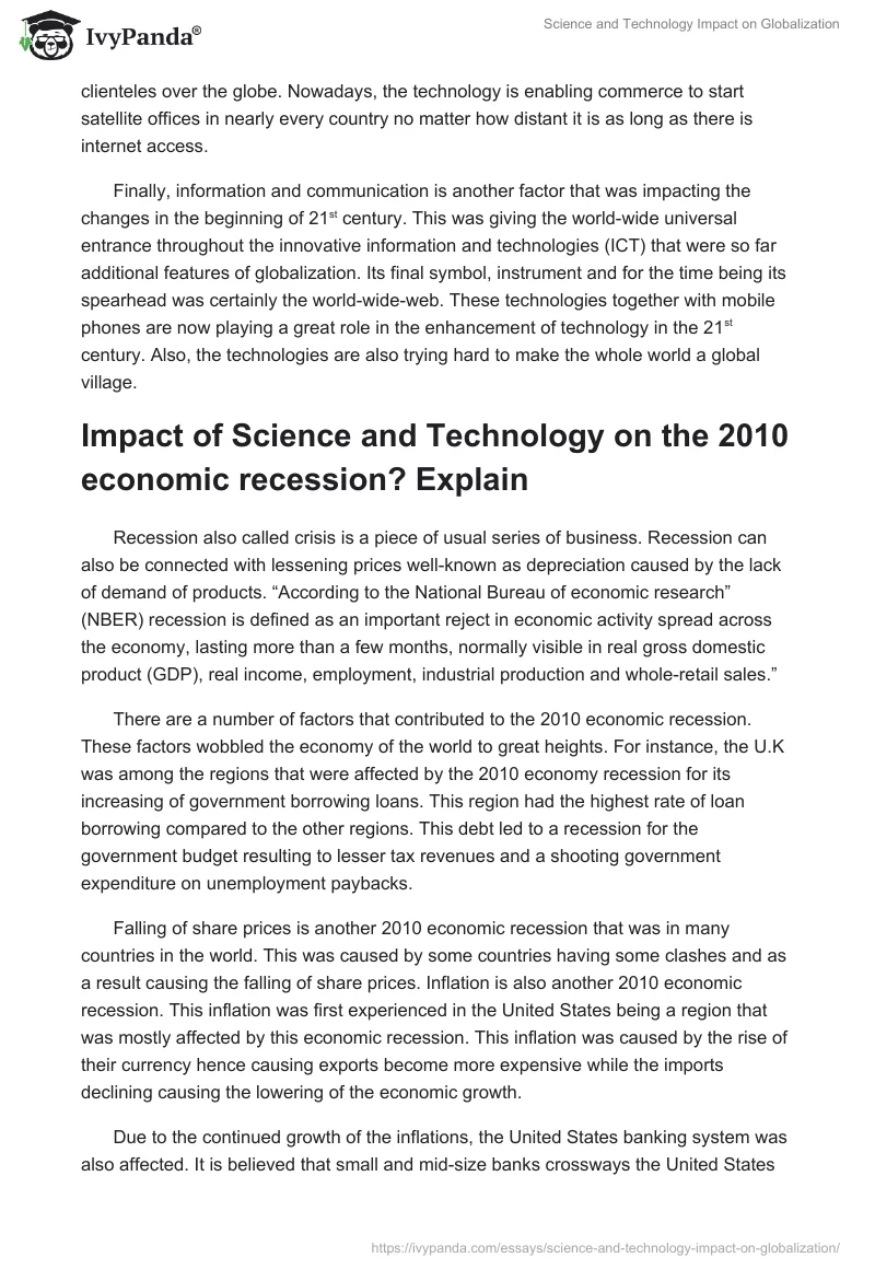 Science and Technology Impact on Globalization. Page 2