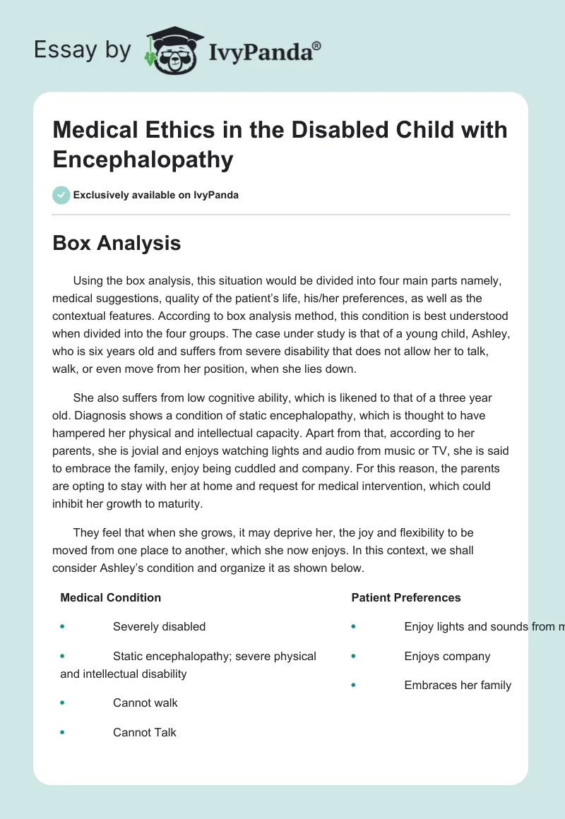 Medical Ethics in the Disabled Child with Encephalopathy. Page 1