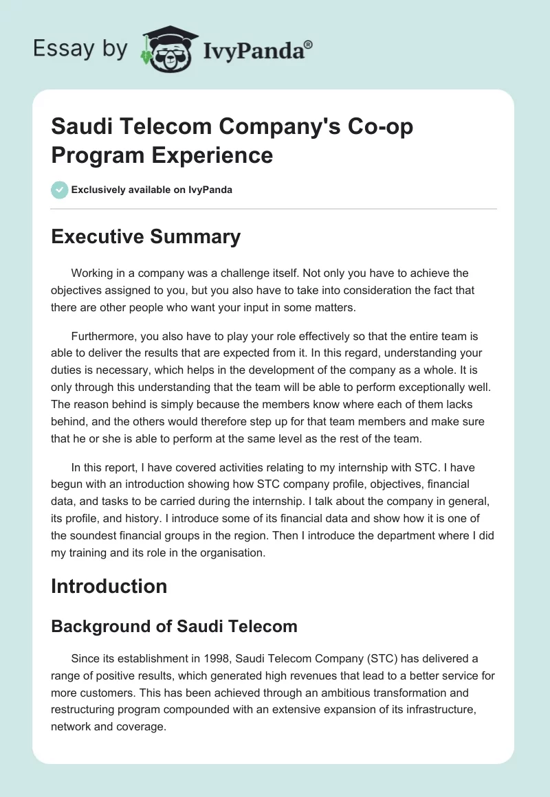 Saudi Telecom Company's Co-op Program Experience. Page 1