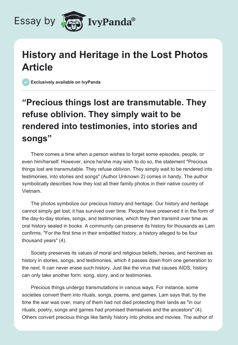 History and Heritage in the "Lost Photos" Article. Page 1