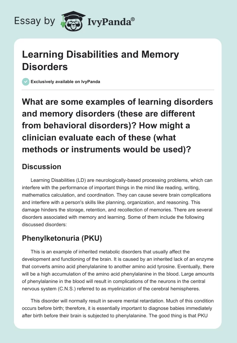 Learning Disabilities and Memory Disorders. Page 1