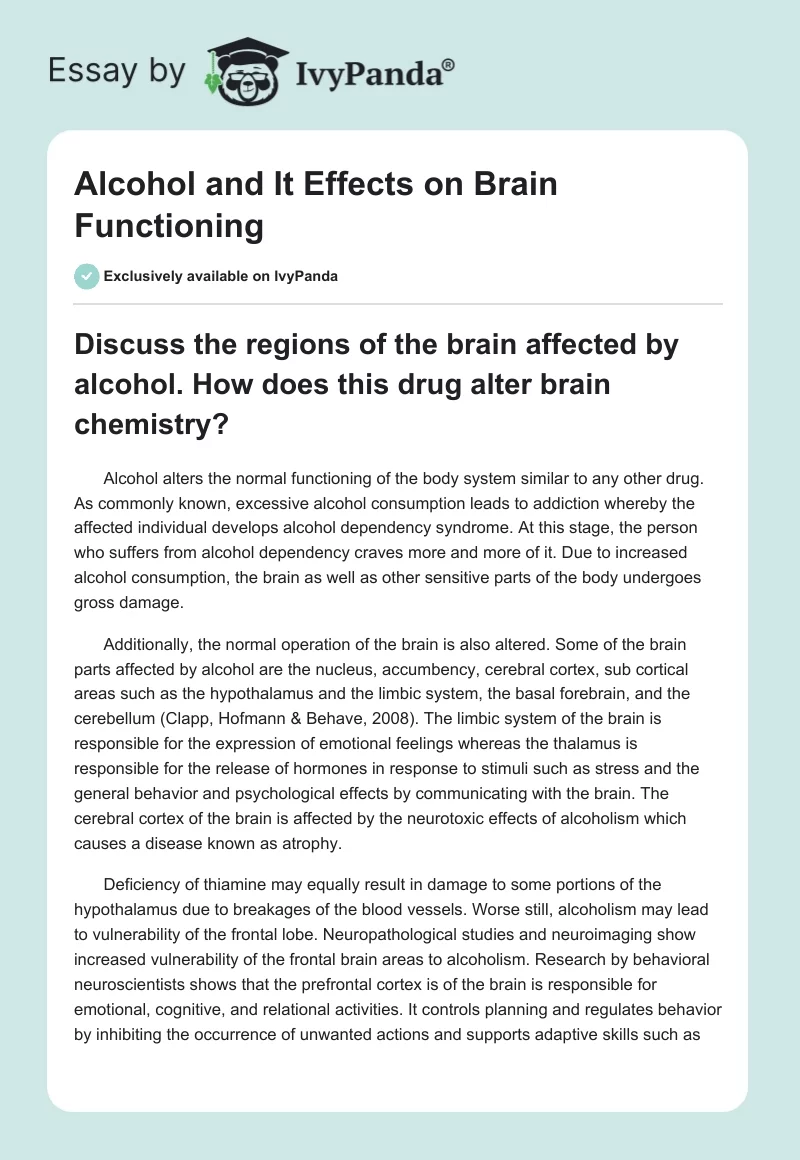 Alcohol and It Effects on Brain Functioning. Page 1